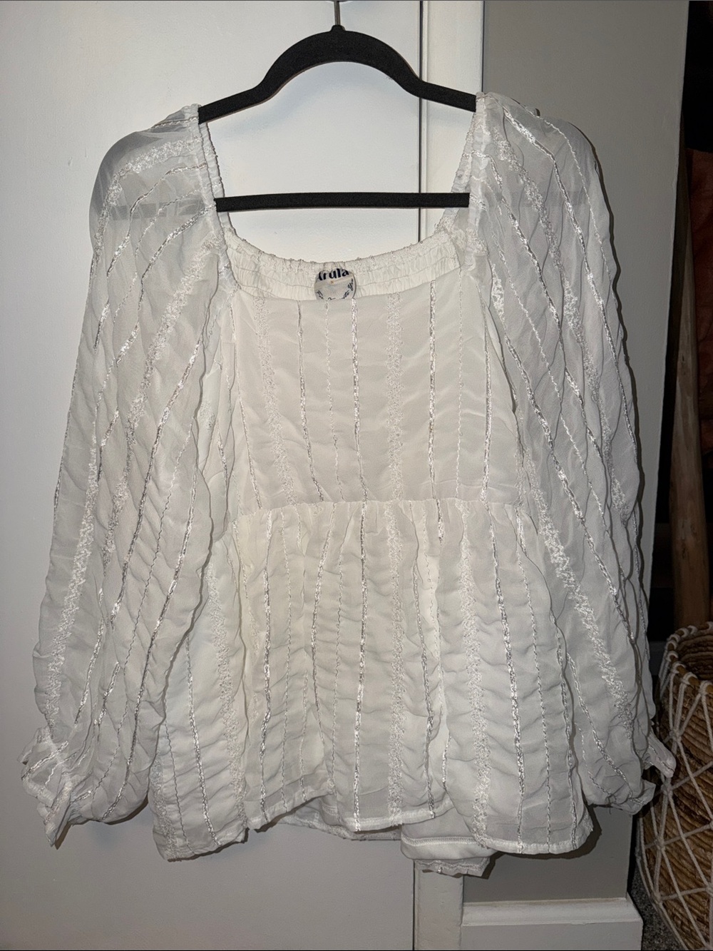 ARULA White Peasant Blouse with Shimmer Stripe Detail
